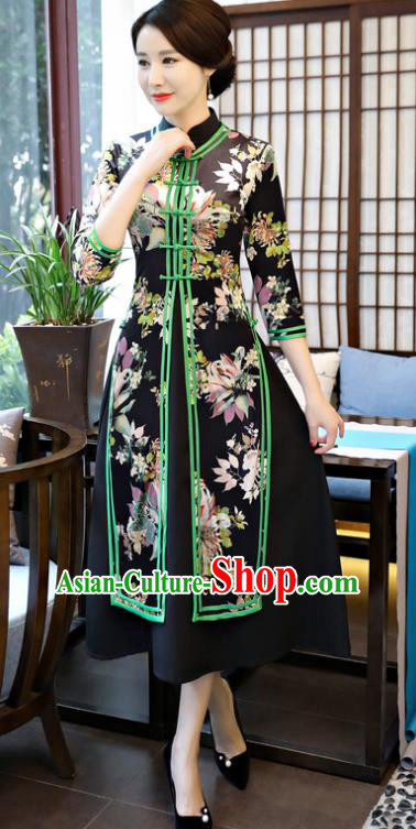 Top Grade Chinese Printing Black Qipao Dress National Costume Traditional Mandarin Cheongsam for Women