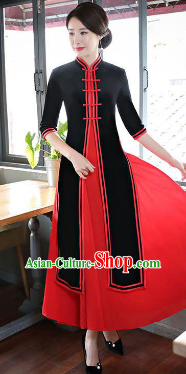 Top Grade Chinese Black Two-pieces Qipao Dress National Costume Traditional Mandarin Cheongsam for Women