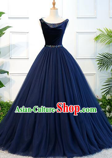 Top Grade Wedding Costume Compere Evening Dress Advanced Customization Navy Veil Dress Bridal Full Dress for Women
