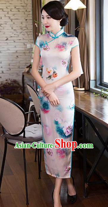 Top Grade Chinese Printing Flowers Pink Silk Qipao Dress National Costume Traditional Mandarin Cheongsam for Women