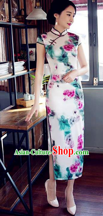 Top Grade Chinese Printing Flowers White Silk Qipao Dress National Costume Traditional Mandarin Cheongsam for Women