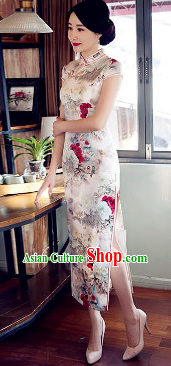 Top Grade Chinese Printing Peony White Silk Qipao Dress National Costume Traditional Mandarin Cheongsam for Women