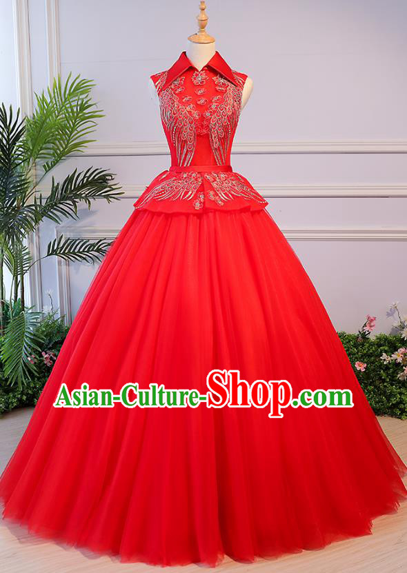 Top Grade Wedding Costume Compere Evening Dress Red Veil Bubble Dress Bridal Full Dress for Women