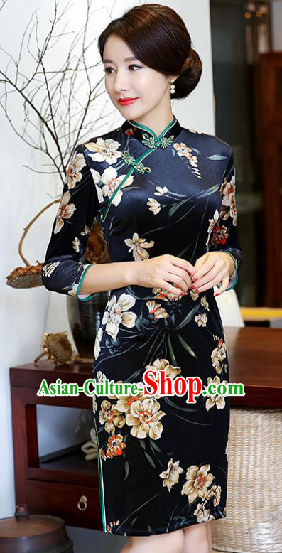 Top Grade Chinese Printing Flowers Navy Qipao Dress National Costume Traditional Mandarin Cheongsam for Women