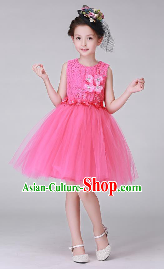 Top Grade Stage Performance Costumes Children Modern Dance Rosy Bubble Dress Modern Fancywork Clothing for Kids