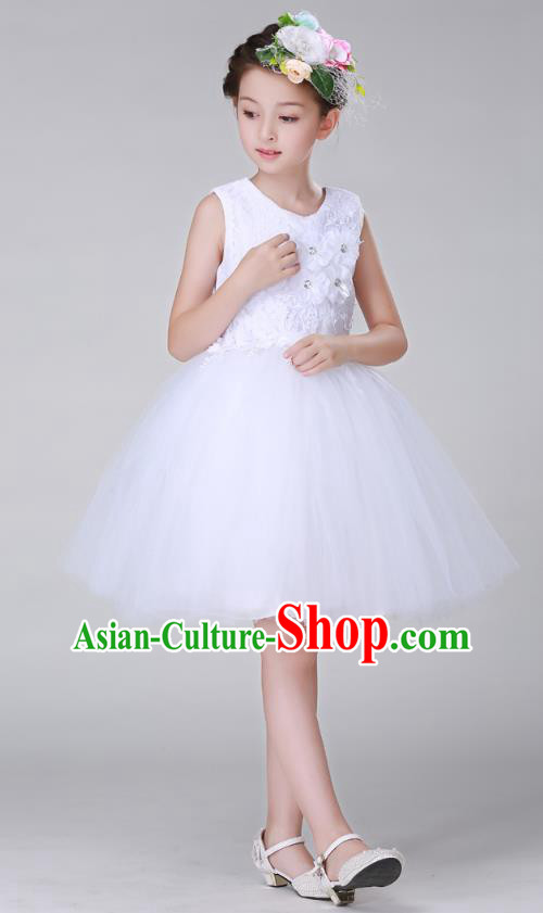 Top Grade Stage Performance Costumes Children Modern Dance White Bubble Dress Modern Fancywork Clothing for Kids