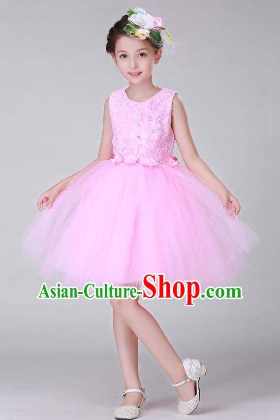 Top Grade Stage Performance Costumes Children Modern Dance Pink Bubble Dress Modern Fancywork Clothing for Kids