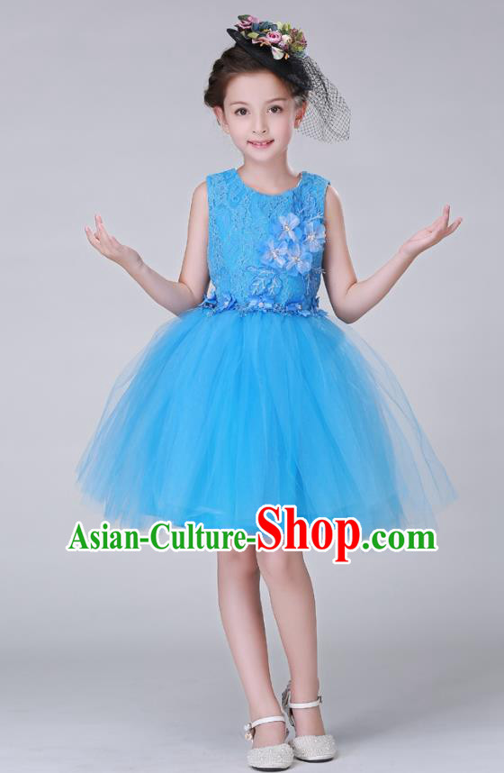 Top Grade Stage Performance Costumes Children Modern Dance Blue Bubble Dress Modern Fancywork Clothing for Kids