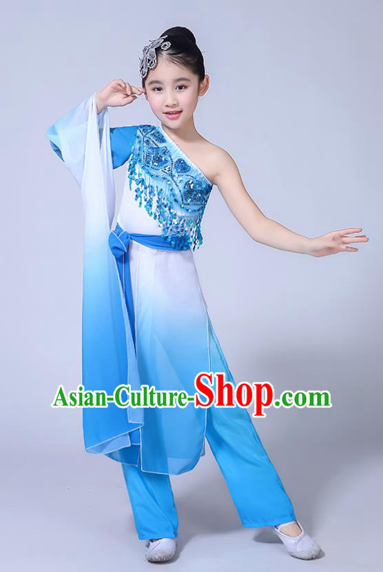 Chinese Ancient Costume Children Classical Dance Blue Dress Stage Performance Clothing for Kids