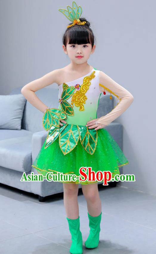 Top Grade Chorus Stage Performance Costumes Children Modern Lotus Dance Green Dress Modern Fancywork Clothing for Kids