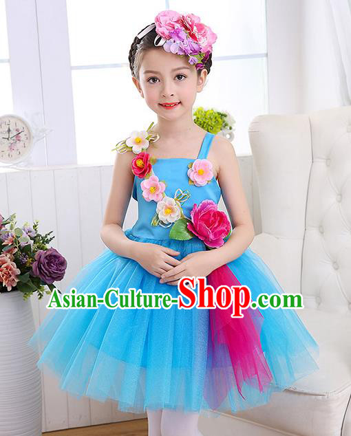 Top Grade Chorus Costumes Children Stage Performance Modern Dance Blue Bubble Dress for Kids