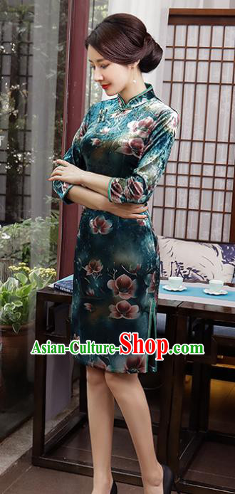 Top Grade Chinese Printing Flowers Green Qipao Dress National Costume Traditional Mandarin Cheongsam for Women