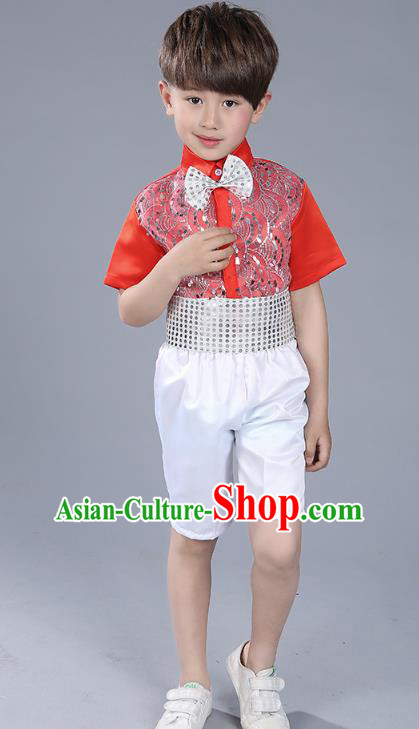 Top Grade Boys Chorus Sequins Costumes Children Compere Modern Dance Red Clothing for Kids