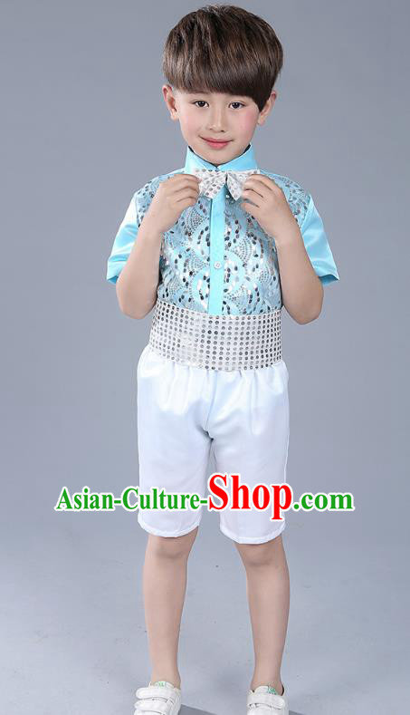 Top Grade Boys Chorus Sequins Costumes Children Compere Modern Dance Light Blue Clothing for Kids