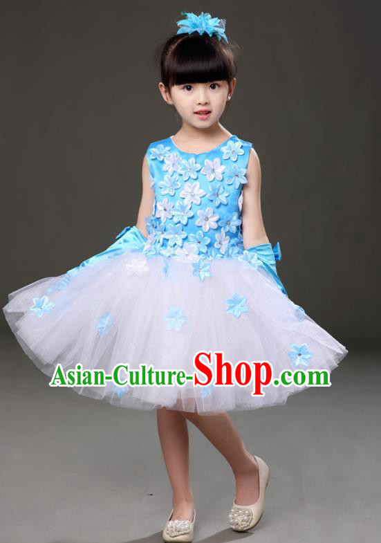 Top Grade Chorus Costumes Children Modern Dance Blue Flowers Bubble Dress for Kids