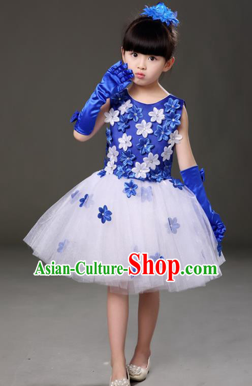 Top Grade Chorus Costumes Children Modern Dance Royalblue Flowers Bubble Dress for Kids