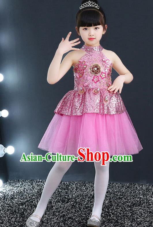 Top Grade Chorus Costumes Children Modern Dance Pink Sequin Bubble Dress for Kids