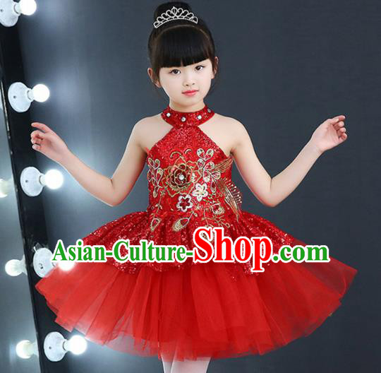 Top Grade Chorus Costumes Children Modern Dance Red Sequin Bubble Dress for Kids