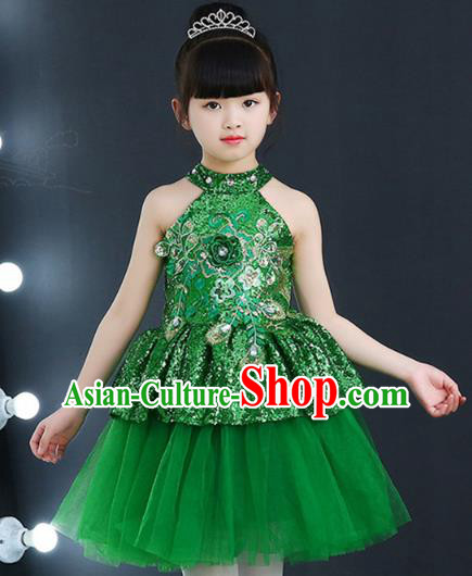 Top Grade Chorus Costumes Children Modern Dance Green Sequin Bubble Dress for Kids