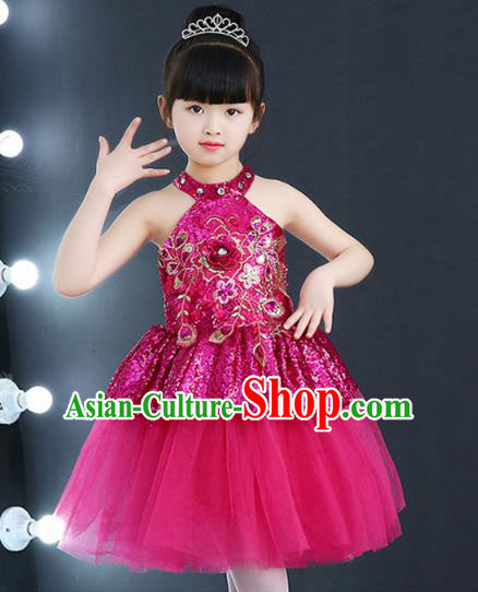 Top Grade Chorus Costumes Children Modern Dance Rosy Sequin Bubble Dress for Kids