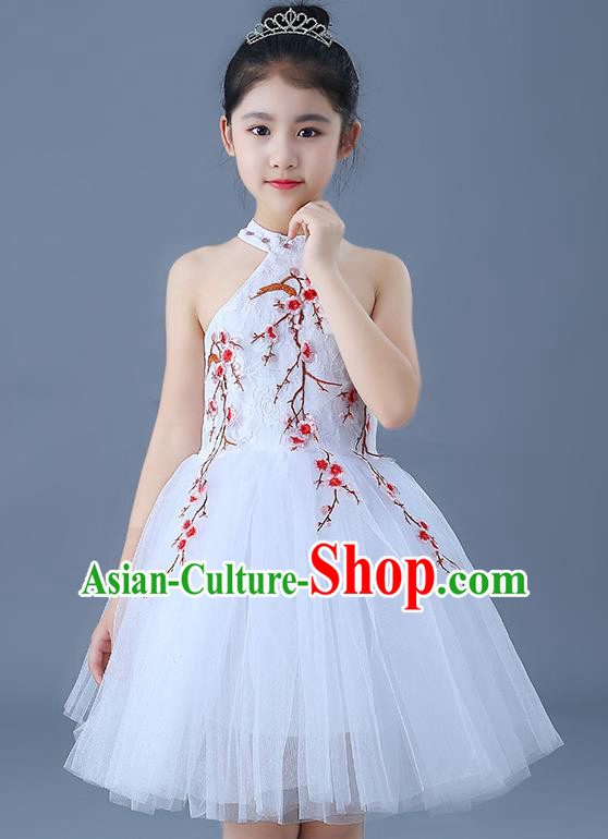 Top Grade Chorus Costumes Children Modern Dance Embroidered Red Plum Blossom Bubble Dress for Kids