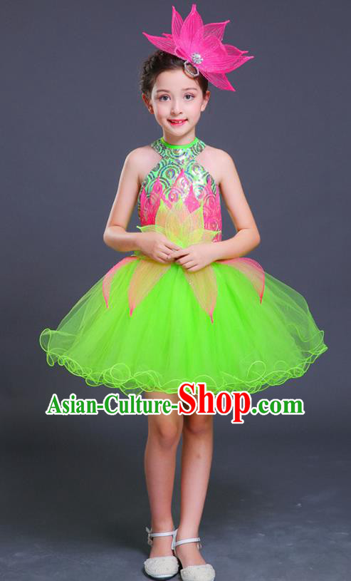 Top Grade Chorus Costumes Children Classical Dance Lotus Dance Green Bubble Dress for Kids