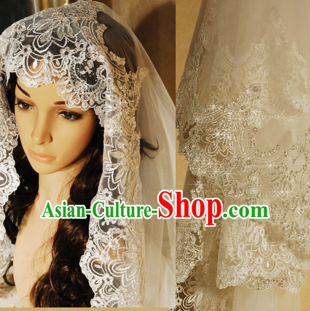 Super Long 3 Meters Long Chinese Classical Wedding Veil with Silver Embroidery
