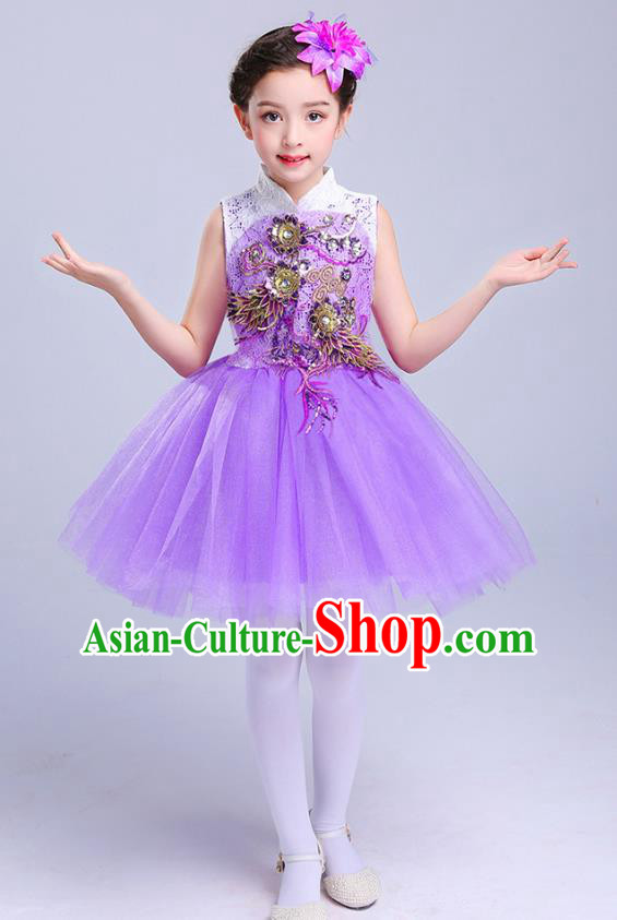 Top Grade Chorus Costumes Children Modern Dance Embroidered Paillette Purple Bubble Dress for Kids