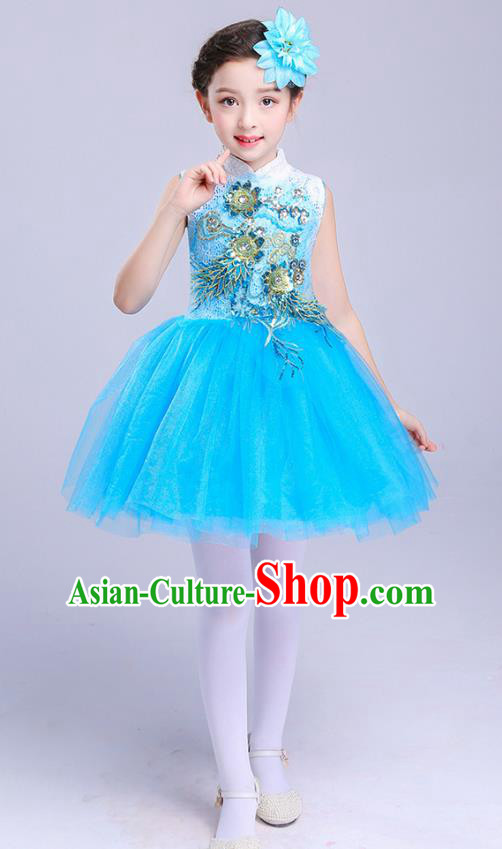 Top Grade Chorus Costumes Children Modern Dance Embroidered Paillette Blue Bubble Dress for Kids
