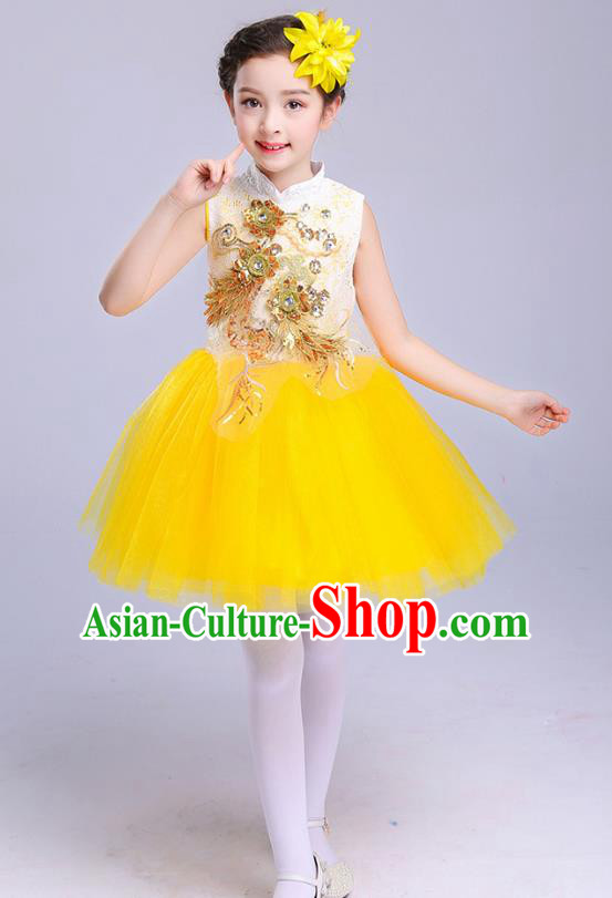 Top Grade Chorus Costumes Children Modern Dance Embroidered Paillette Yellow Bubble Dress for Kids