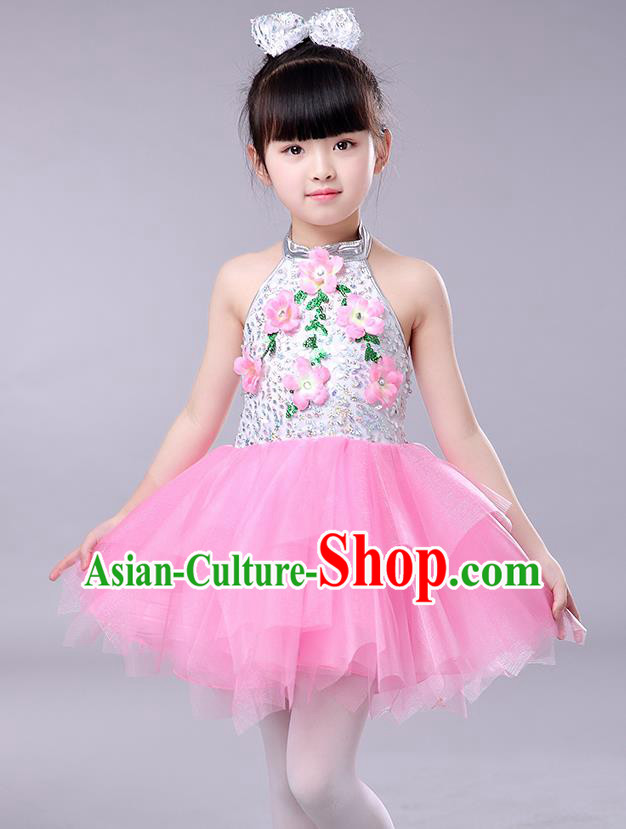 Top Grade Chorus Stage Performance Costumes Children Modern Dance Clothing Pink Veil Bubble Dress for Kids
