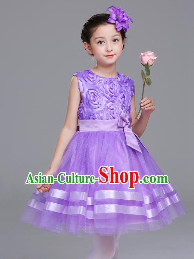 Top Grade Chorus Stage Performance Costumes Flower Fairy Purple Rose Bubble Dress Children Modern Dance Clothing for Kids