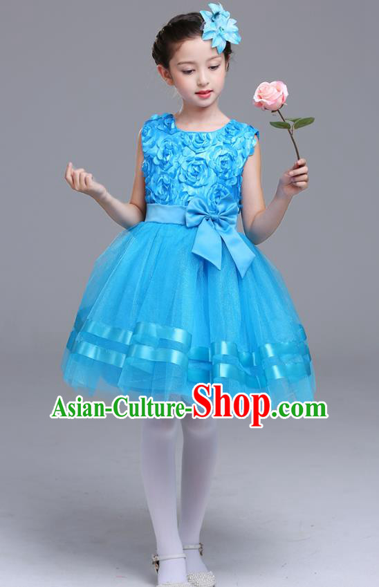 Top Grade Chorus Stage Performance Costumes Flower Fairy Blue Rose Bubble Dress Children Modern Dance Clothing for Kids