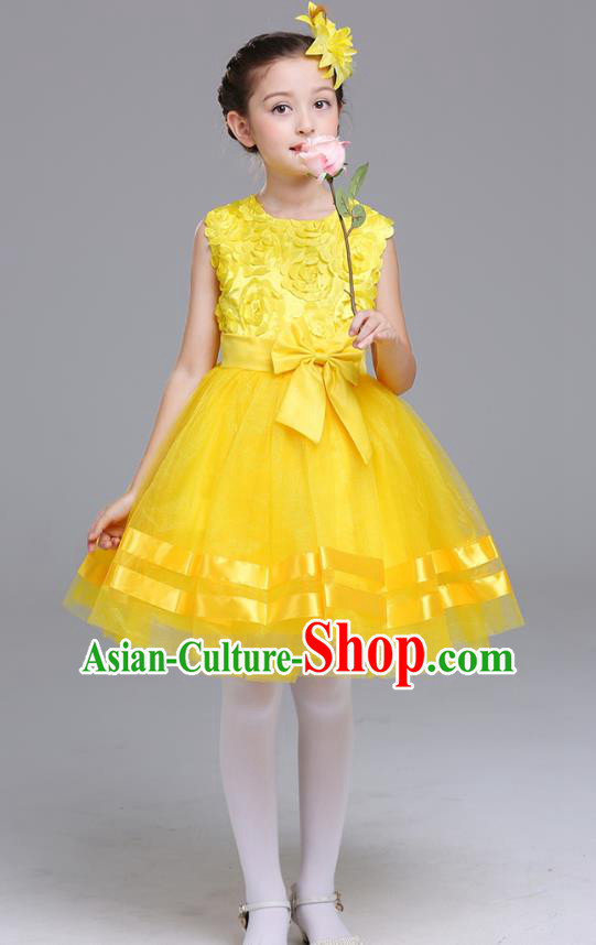 Top Grade Chorus Stage Performance Costumes Flower Fairy Yellow Rose Bubble Dress Children Modern Dance Clothing for Kids