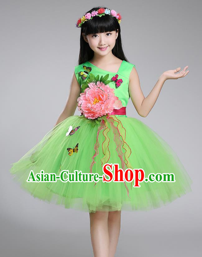 Top Grade Chorus Stage Performance Costumes Peony Flower Green Bubble Dress Children Modern Dance Clothing for Kids