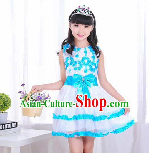 Top Grade Chorus Costumes Stage Performance Blue Bubble Dress Children Modern Dance Clothing for Kids