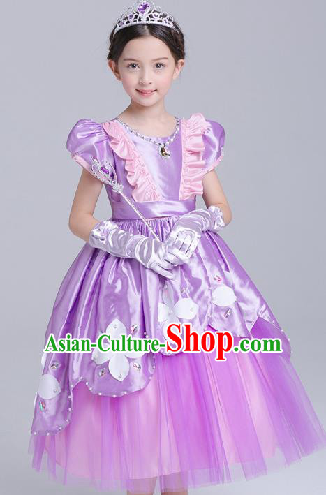 Top Grade Chorus Costumes Stage Performance Princess Purple Full Dress Children Modern Dance Clothing for Kids