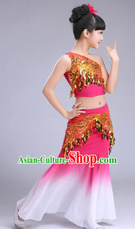 Chinese Traditional Folk Dance Costumes Pavane Dance Rosy Dress Children Classical Peacock Dance Clothing for Kids