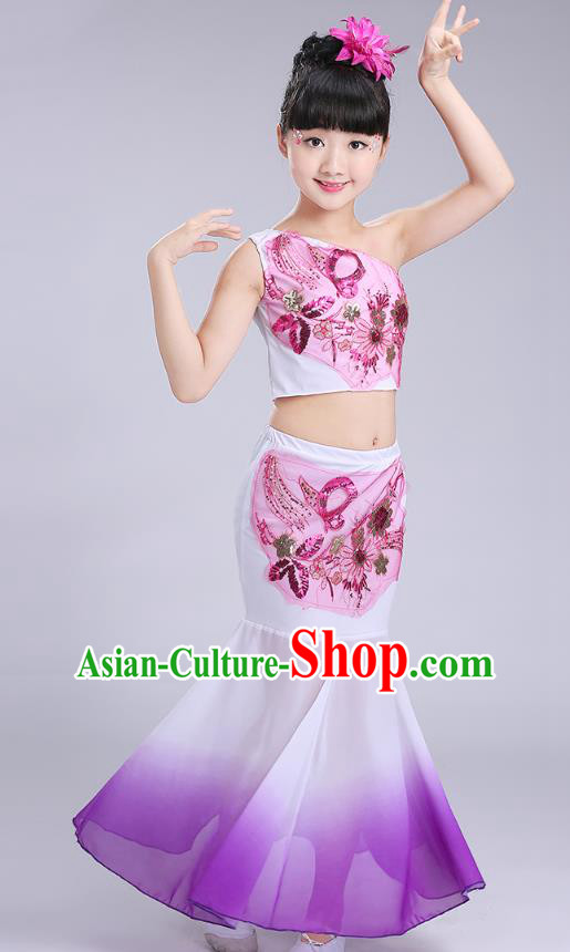 Chinese Traditional Folk Dance Costumes Dai Nationality Pavane Purple Dress Children Classical Peacock Dance Clothing for Kids