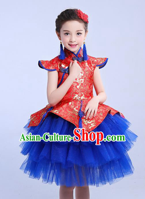 Chinese Traditional Folk Dance Costumes Compere Cheongsam Dress Children Classical Dance Clothing for Kids