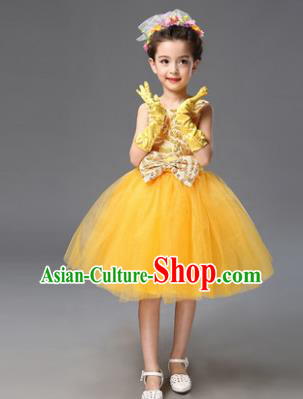 Top Grade Princess Yellow Bubble Dress Stage Performance Chorus Costumes Children Modern Dance Clothing for Kids