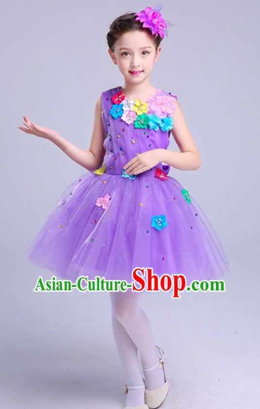 Top Grade Princess Purple Bubble Dress Girls Stage Performance Chorus Costumes Modern Dance Clothing for Kids