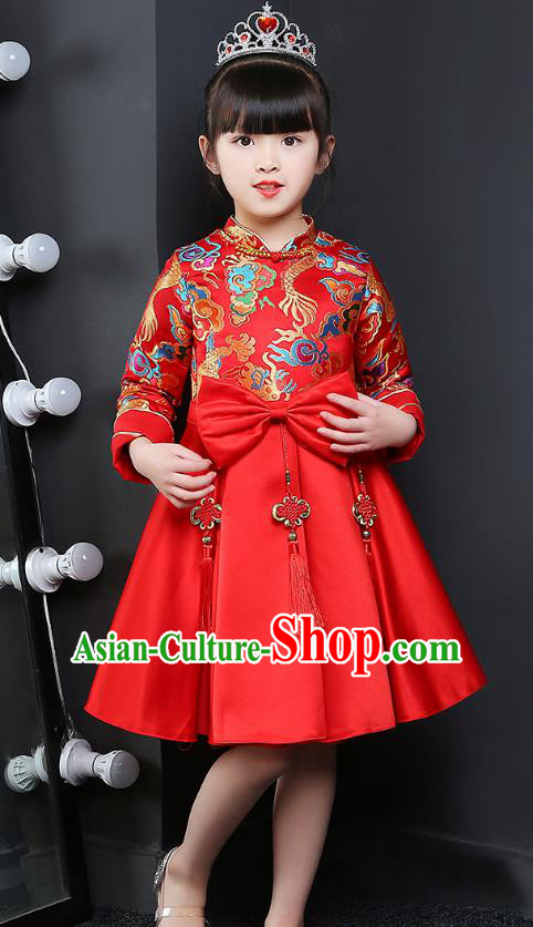 Chinese Traditional Folk Dance Red Cheongsam Fan Dance Costumes Children Classical Dance Yangko Clothing for Kids