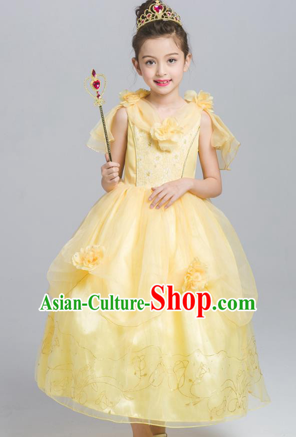 Top Grade Chorus Costumes Stage Performance Princess Yellow Veil Dress Children Modern Dance Clothing for Kids