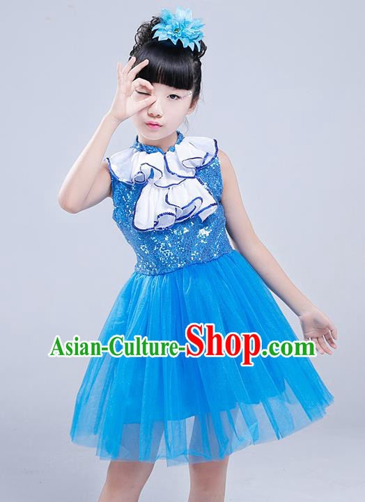 Top Grade Princess Dress Girls Stage Performance Chorus Costumes Blue Bubble Dress for Kids