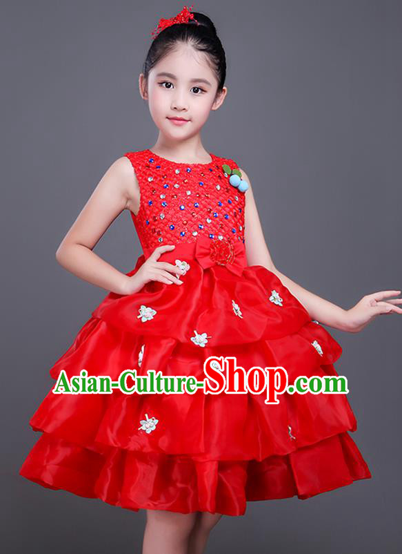 Top Grade Princess Dress Girls Stage Performance Chorus Costumes Red Bubble Dress for Kids