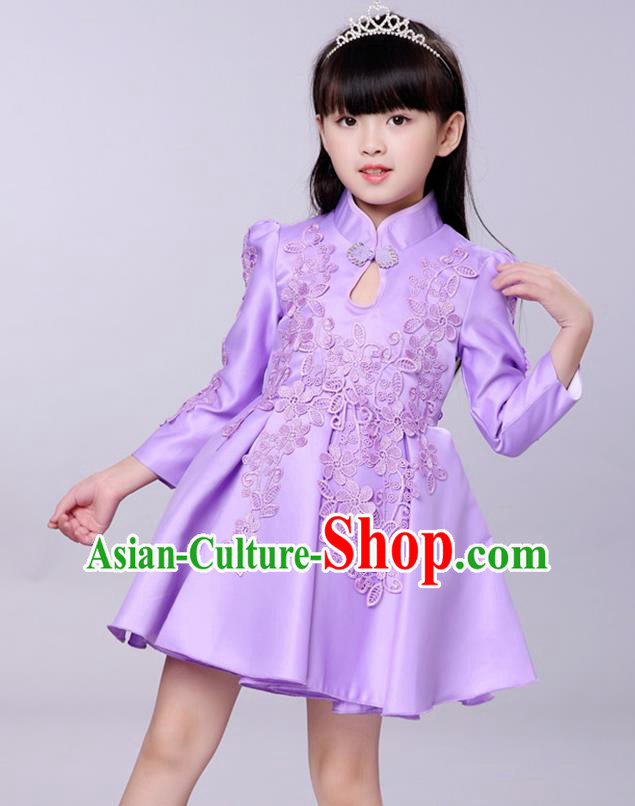 Top Grade Princess Dress Girls Stage Performance Chorus Purple Cheongsam Costumes Bubble Dress for Kids