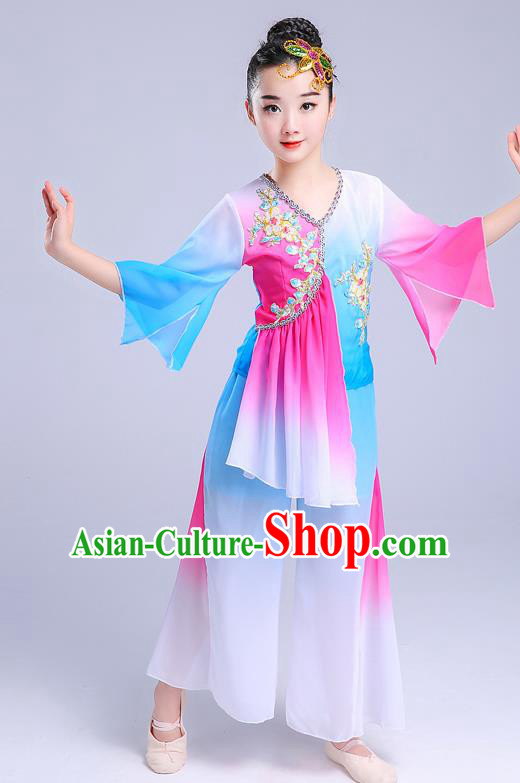 Chinese Traditional Folk Dance Yangko Blue Costumes Children Classical Dance Fan Dance Clothing for Kids