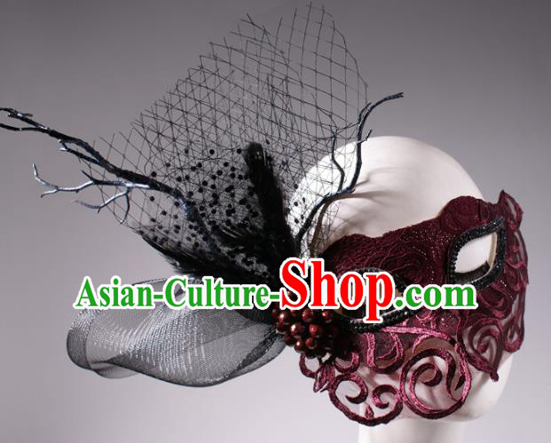 Halloween Fancy Ball Props Exaggerated Wine Red Lace Face Mask Stage Performance Accessories Christmas Mysterious Masks