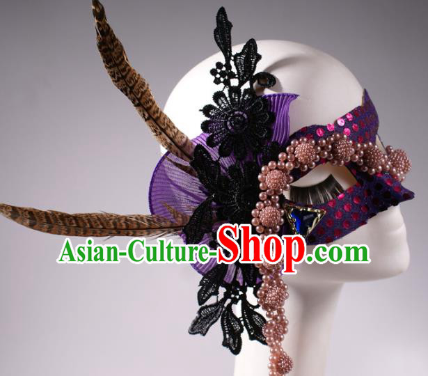 Halloween Fancy Ball Props Exaggerated Feather Purple Face Mask Stage Performance Accessories Christmas Mysterious Masks